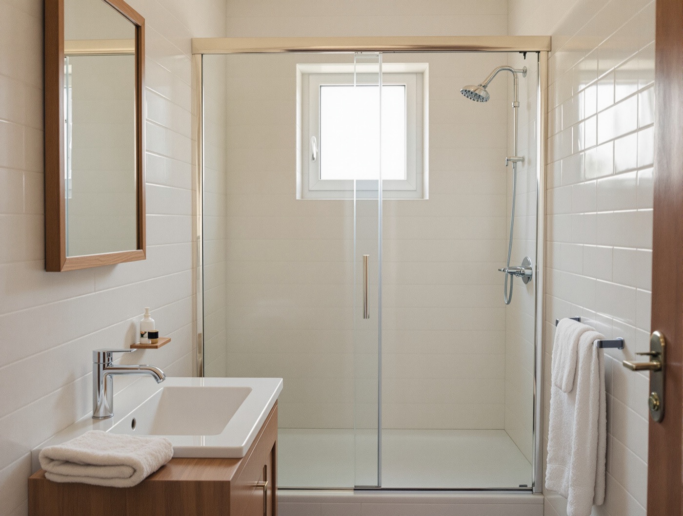 Salle de bains rénovée, douche à l'italienne et meuble en bois