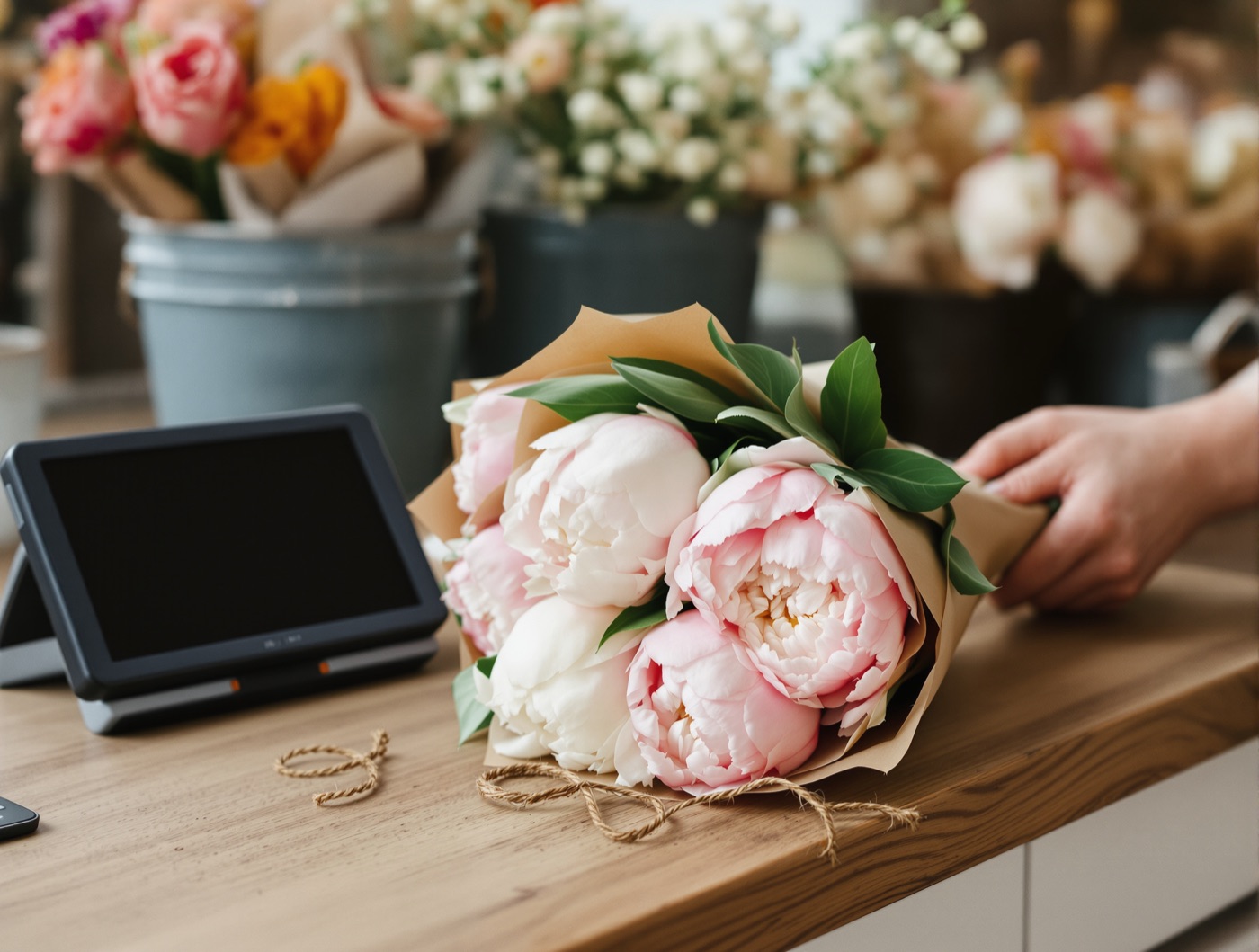 Bouquet de pivoines emballé sur le comptoir d'un fleuriste