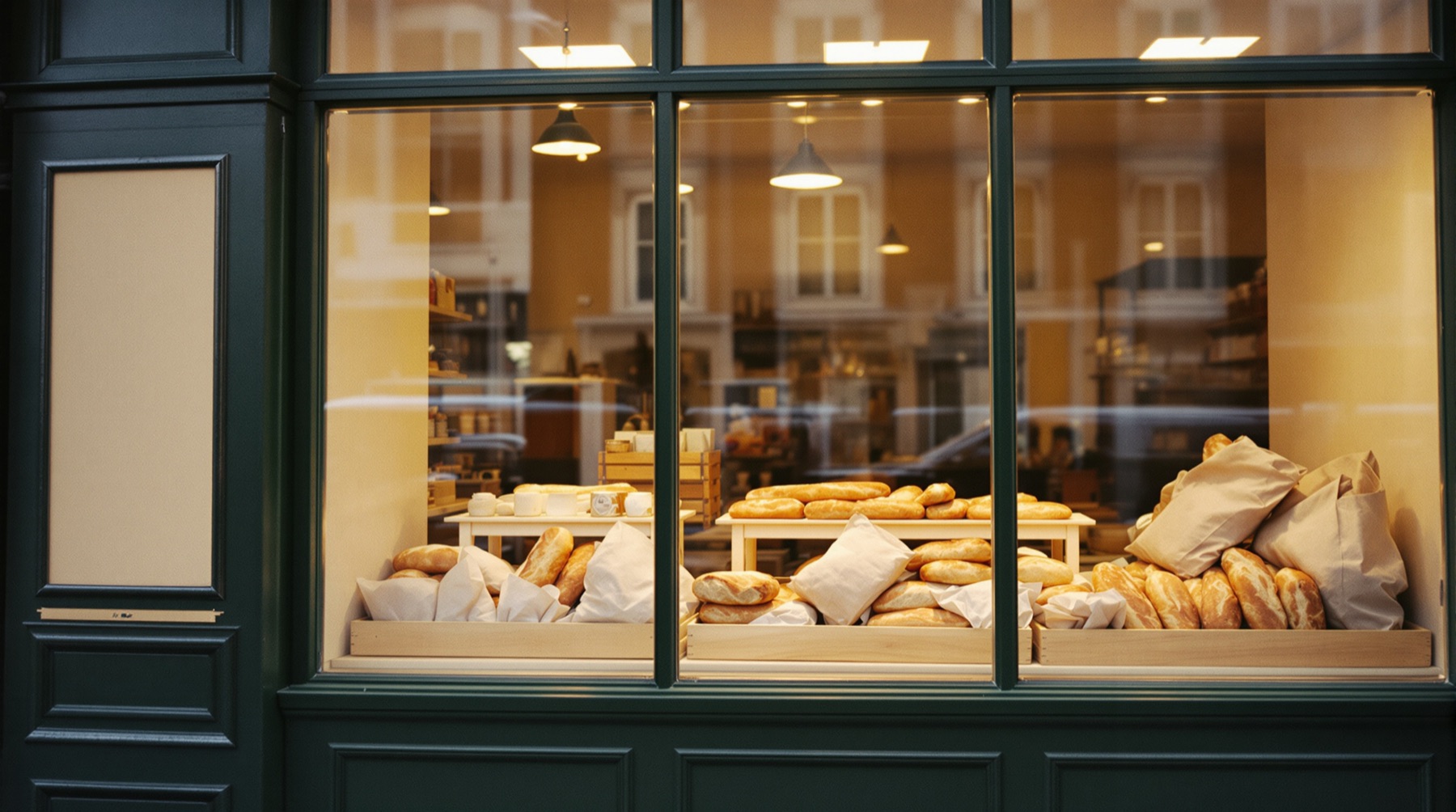 Vitrine d'une boulangerie qui vient d'ouvrir