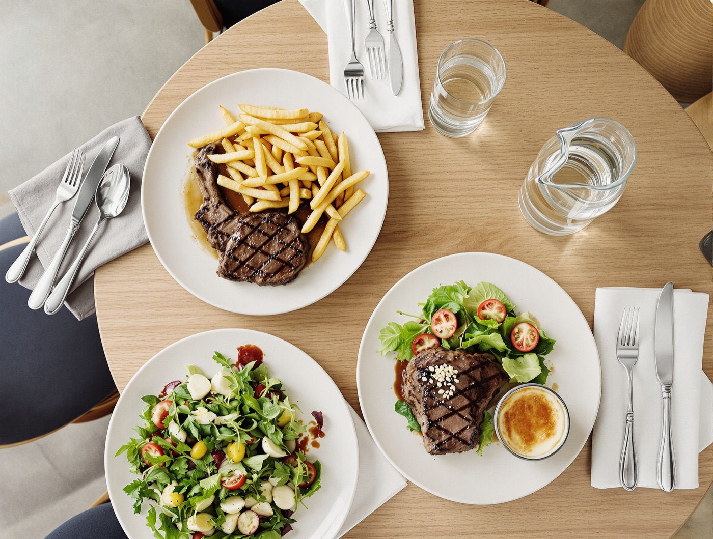 Trois plats servis sur une table de bistrot